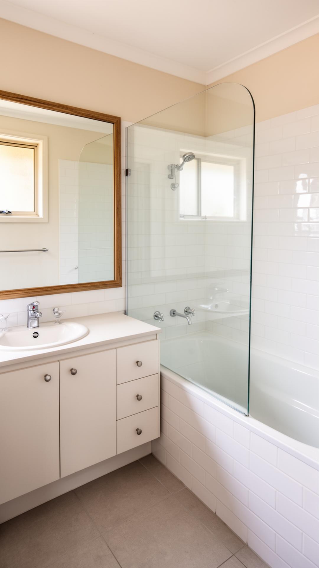 Modern Wollongong bathroom renovation with stone bath and brass tapware